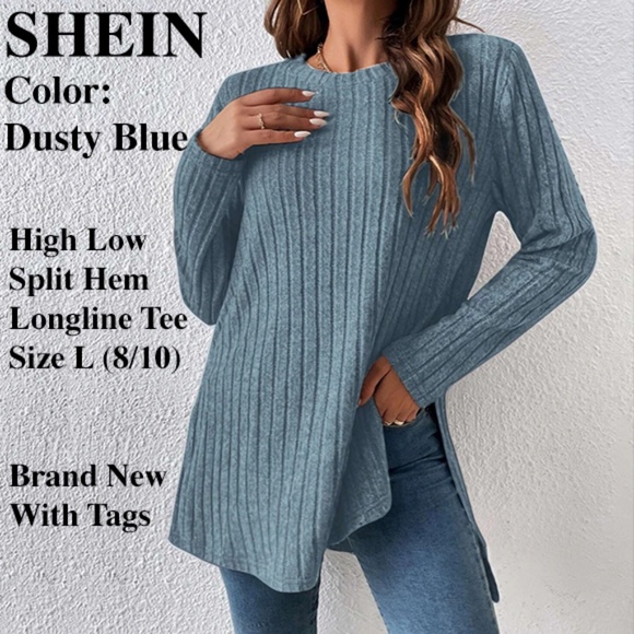 Shein High Low Long Sleeve Split Hem Longline Tee - Size L (8/10) - Dusty Blue - Picture 1 of 4